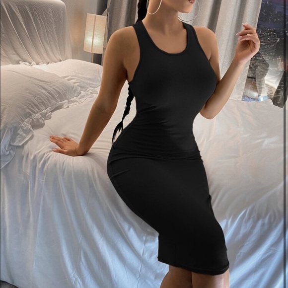NWT Shein Black Racerback Rib Knit Midi Dress - Picture 2 of 8